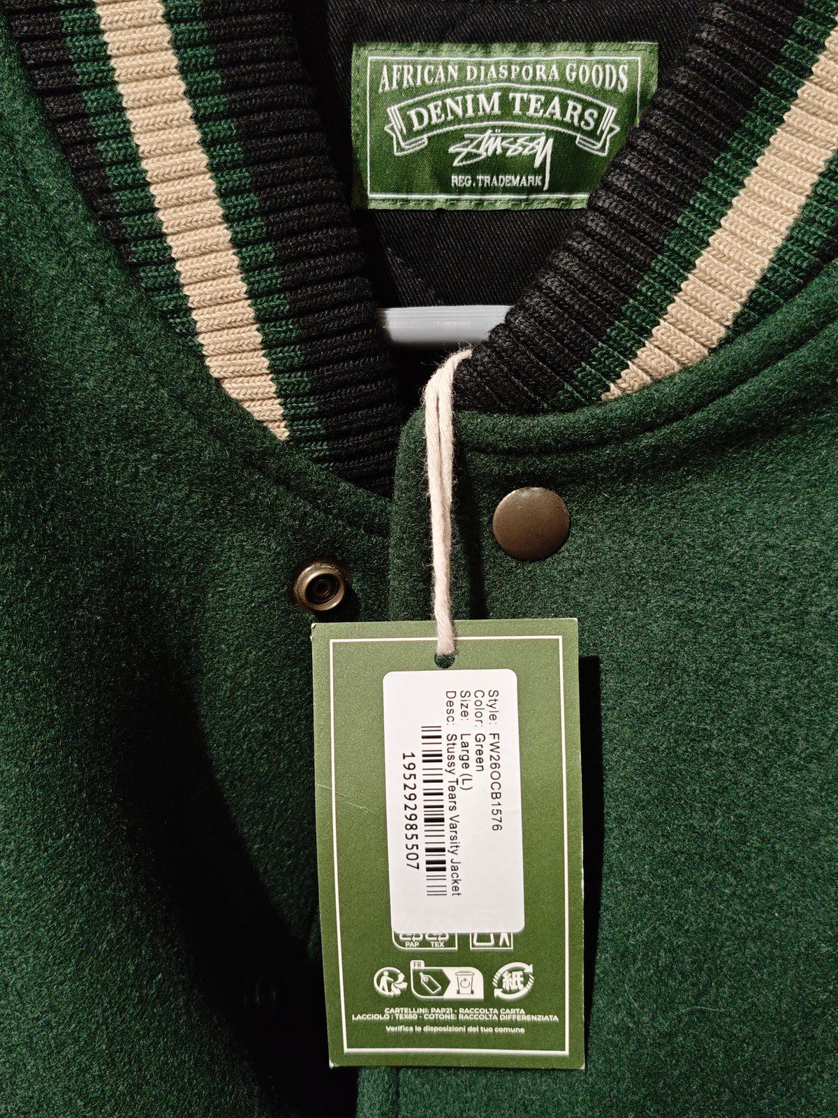 Stüssy and Denim Tears Green & Cream Varsity Jacket