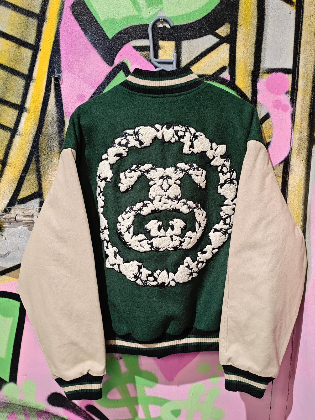 Stüssy and Denim Tears Green & Cream Varsity Jacket