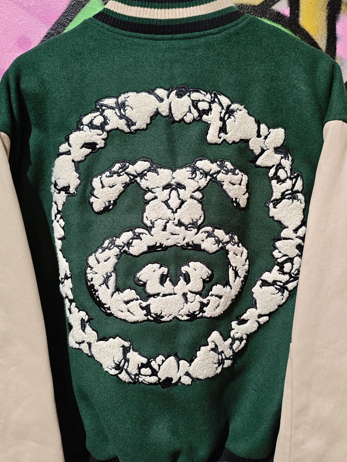 Stüssy and Denim Tears Green & Cream Varsity Jacket