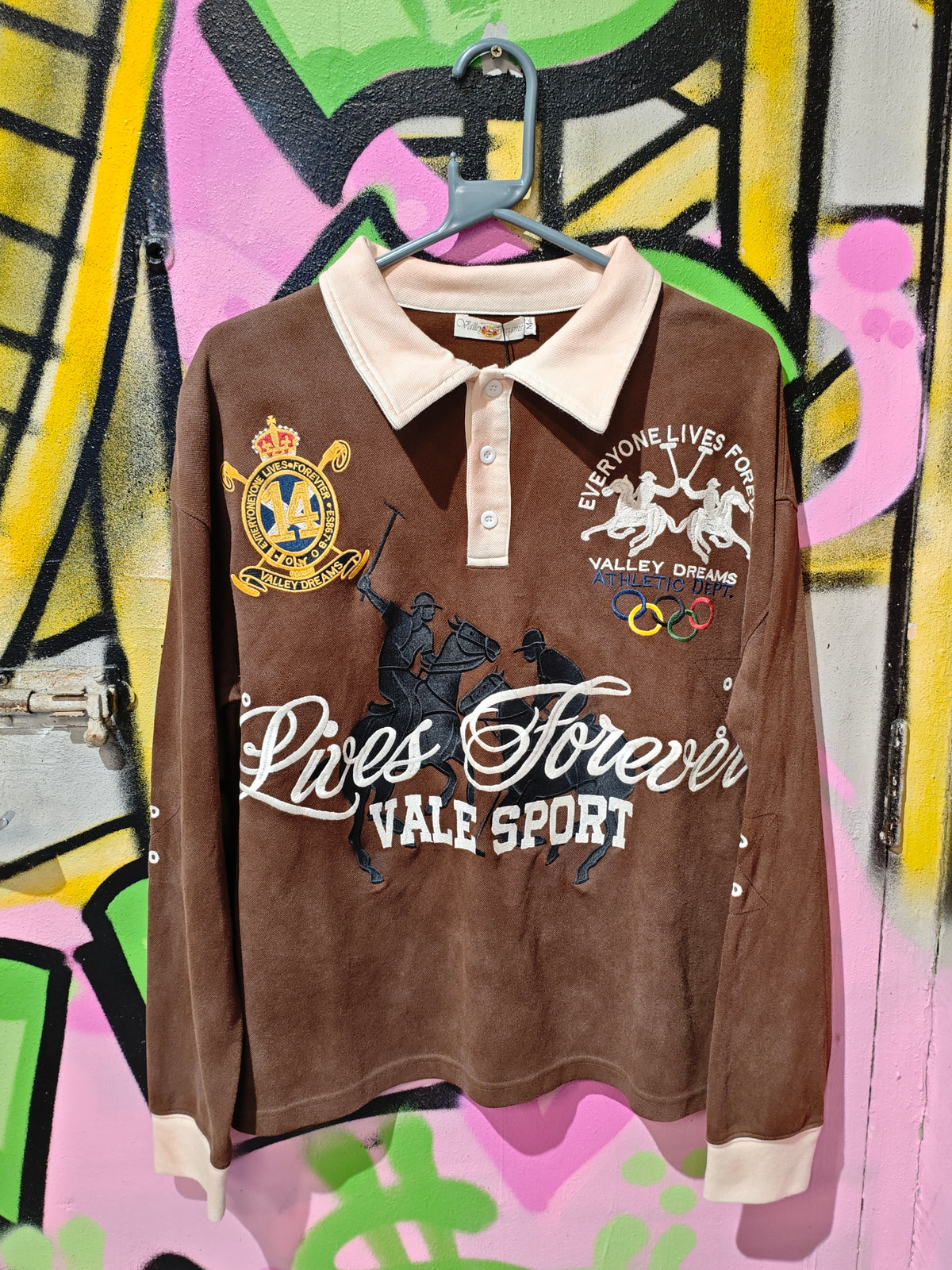 Valley Dreams Brown Long-Sleeve Graphic Polo Shirt