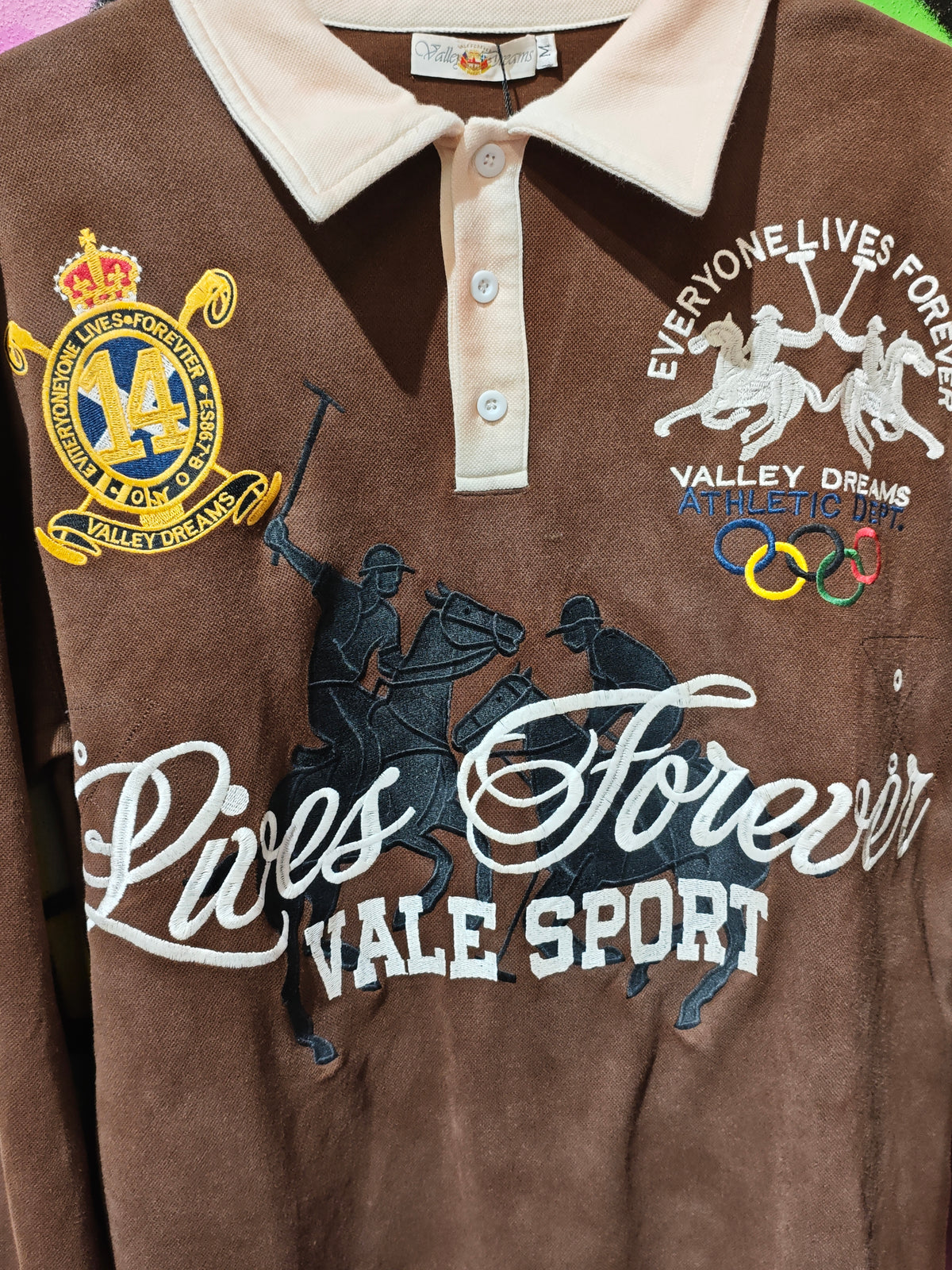 Valley Dreams Brown Long-Sleeve Graphic Polo Shirt